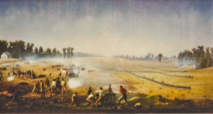 Painting of the 34th N.Y. and its division crossing the field towards the Dunker Church at Antietam.