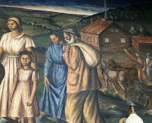 Part of the mural depicting the Underground Railroad station at Zenas Brockett’s farm (Liberty Home) just outside Brockett’s Bridge (later Dolgeville) done by James Newell in 1940.