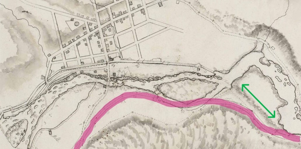 1811 Briggs Map | The pink line shows the water route of the 1825 Erie Canal | The green arrow shows the land mass detached from the south side of Little Falls when the canal channel was dug through that area that became Moss Island